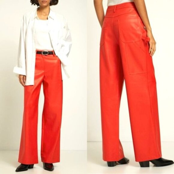 Staud Domino Pants Carpenter Wide Leg High Rise Faux Leather Cherry Orange 27 - Picture 1 of 10